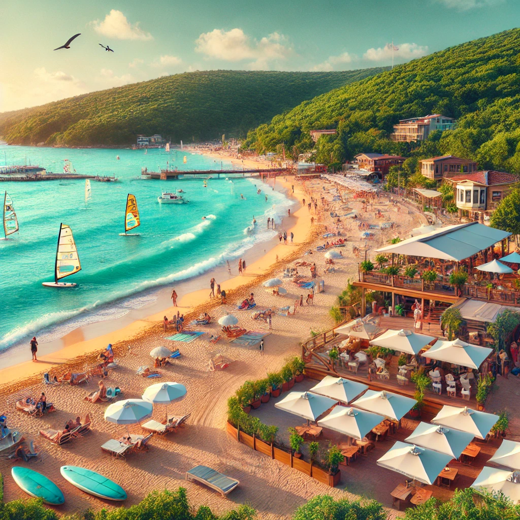 Scenic view of Burç Beach in Istanbul, Sarıyer district with beachgoers, water sports, and a vibrant beach club.