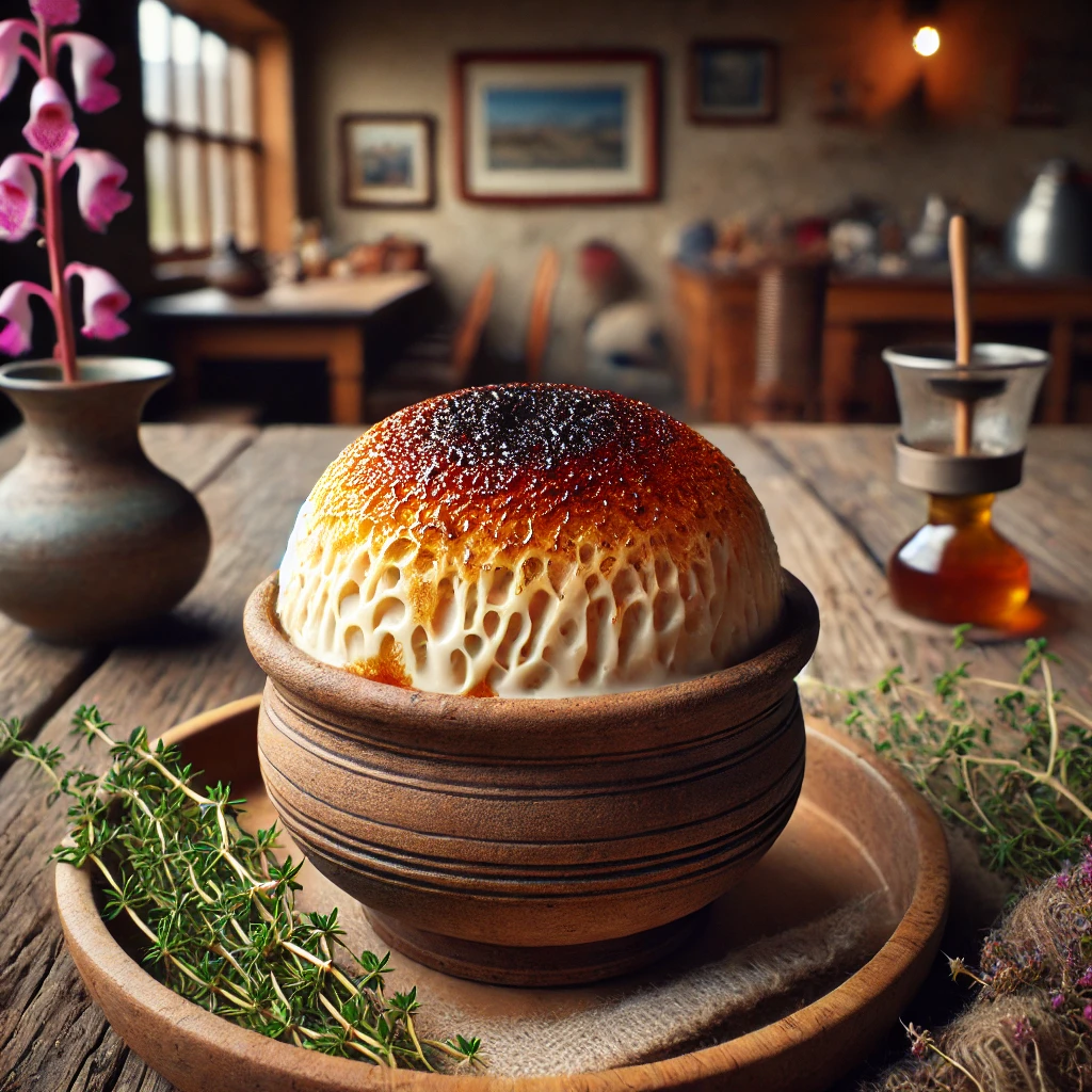 Close-up of traditional Turkish burnt ice cream (yanıksı dondurma) in a rustic bowl with wild thyme and orchid roots.