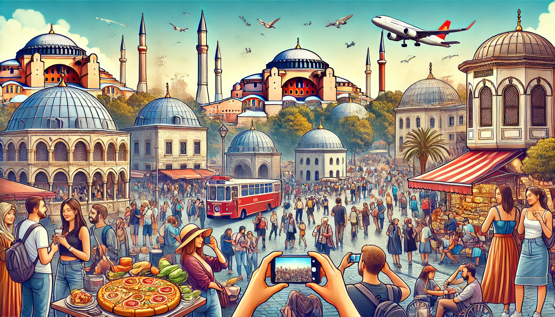 Bustling tourist scene in Istanbul with Hagia Sophia and Blue Mosque in the background, tourists enjoying street food and shopping.