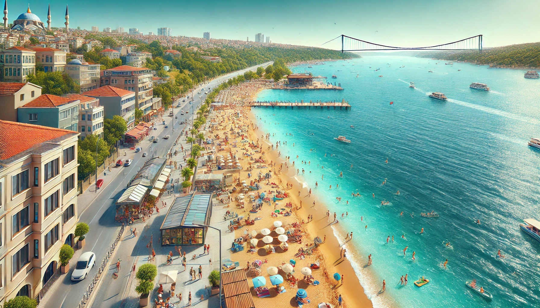 Scenic view of Büyükçekmece Beach in Istanbul, Turkey, featuring long sandy shore, clear blue waters, sunbathers, beach umbrellas, and the historic Büyükçekmece Bridge.