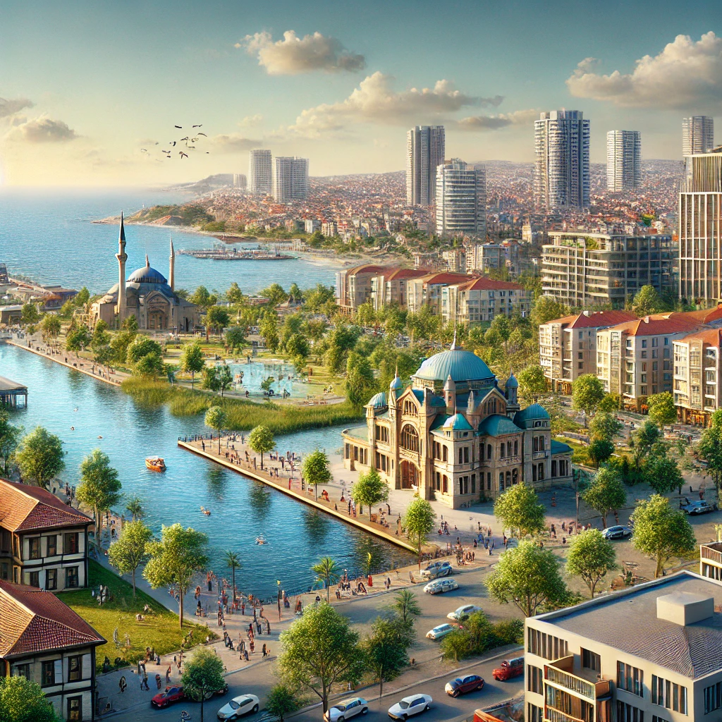 Scenic view of Büyükçekmece, Istanbul, featuring the Kanuni Sultan Süleyman Köprüsü, modern buildings, and Marmara Sea coastline.