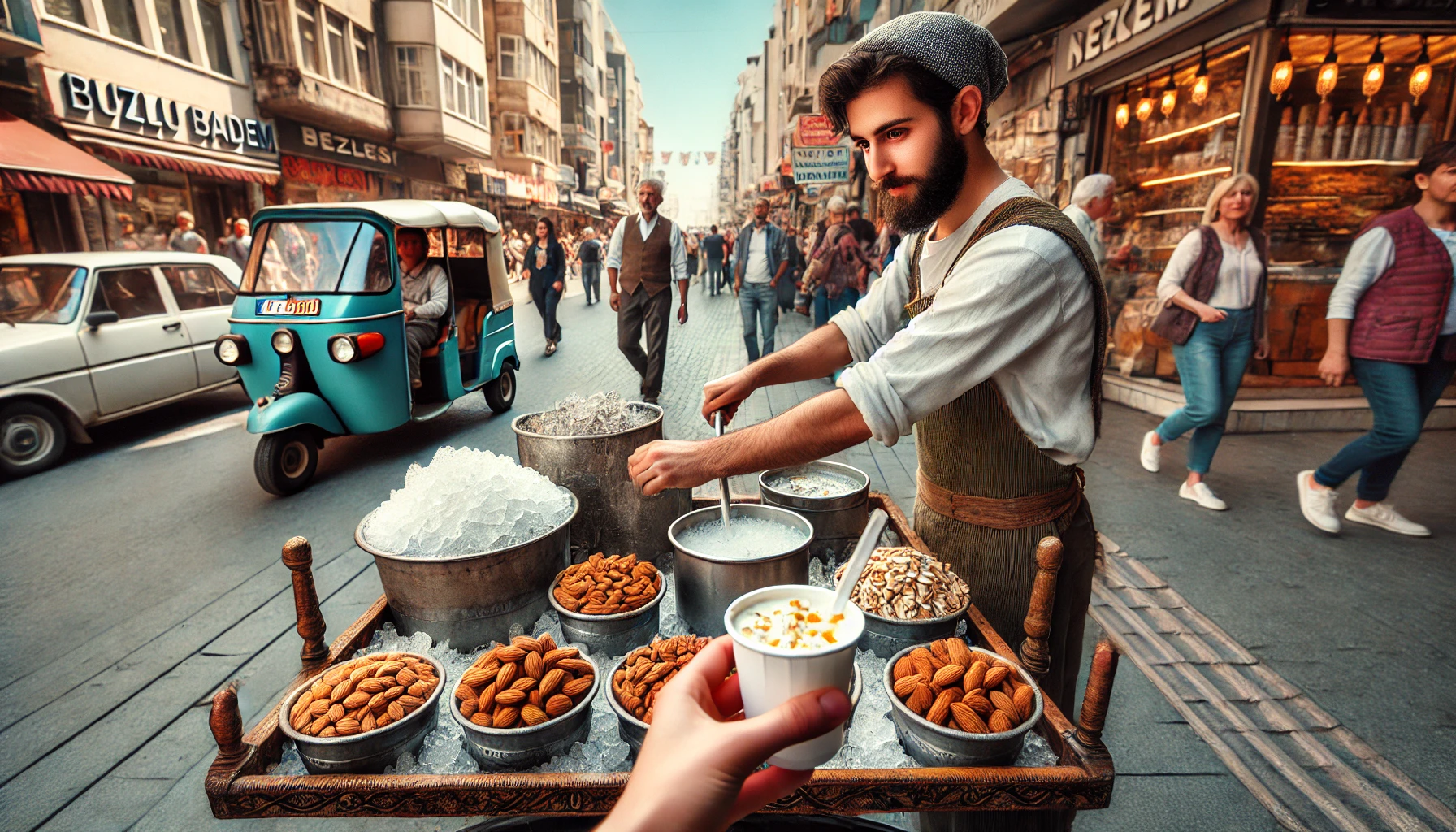 Street vendor in Izmir, Turkey, serving Buzlu Badem from a cart filled with ice and peeled almonds.