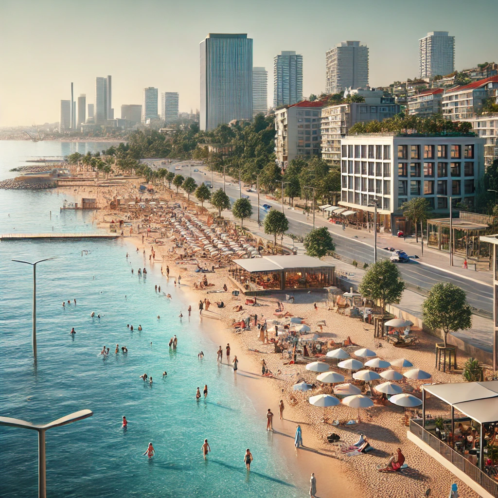 Scenic view of Caddebostan Beach in Istanbul, Kadıköy district with families relaxing by the Marmara Sea.