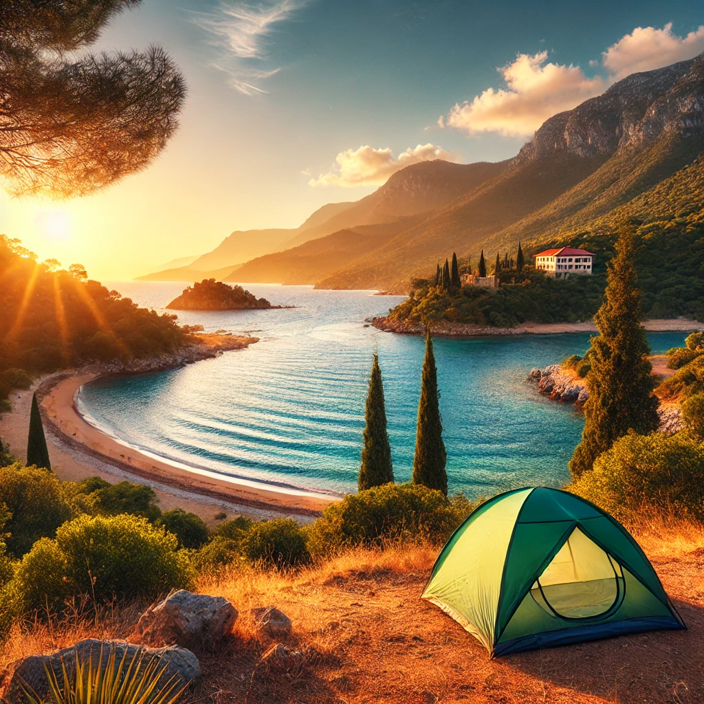 Serene coastal campsite in Türkiye with a tent near turquoise waters and mountains.