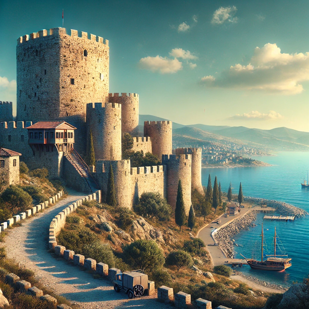 Çandarlı Castle overlooking the Aegean Sea in Çandarlı, İzmir, with stone walls and ancient architecture under clear blue skies.