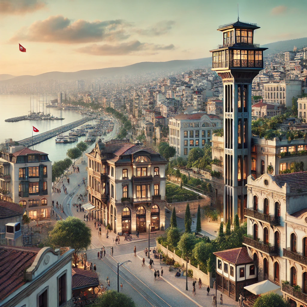 Çankaya in Konak, Izmir, featuring the historic Asansör elevator with a blend of old and modern architecture.