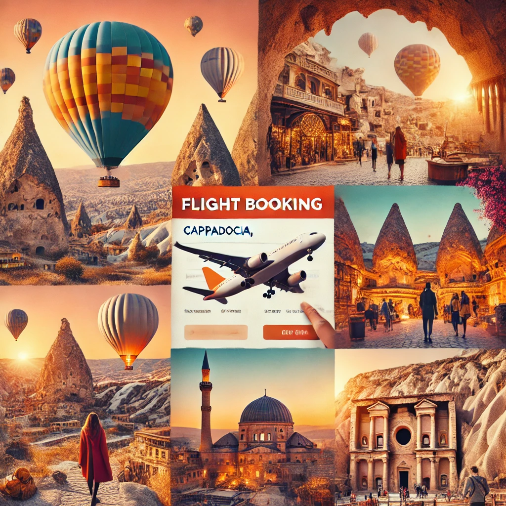 Collage showcasing Cappadocia with hot air balloons, flight booking screen, and tourists at Göreme Open-Air Museum.