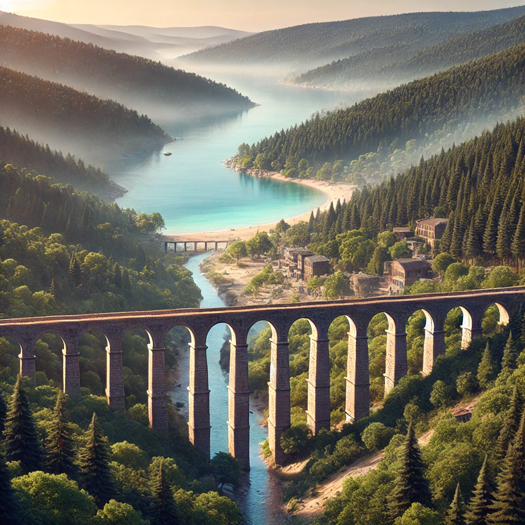 Çatalca, Istanbul featuring the Kurşunlugerme Aqueduct surrounded by lush forests and Yalıköy Beach in the background.