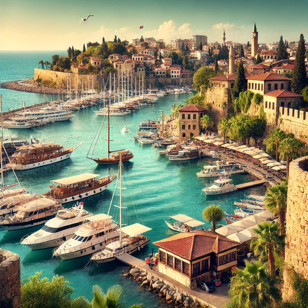 Luxury yachts and boats docked at Çelebi Marina in Antalya, Turkey, with modern facilities and scenic Mediterranean coastline.