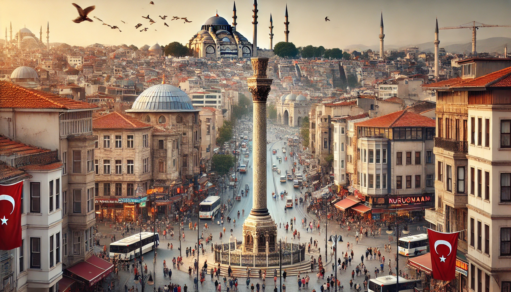 Scenic view of Çemberlitaş in Istanbul featuring the Çemberlitaş Column with iron hoops, traditional Turkish architecture, and Nuruosmaniye Mosque in the background