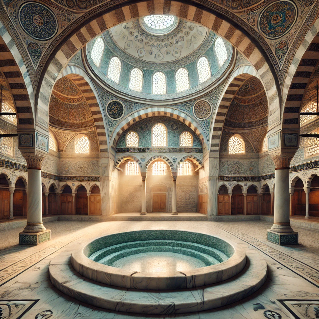 Interior of Çemberlitaş Hamamı in Istanbul, featuring the central marble platform and traditional Turkish bath architecture.