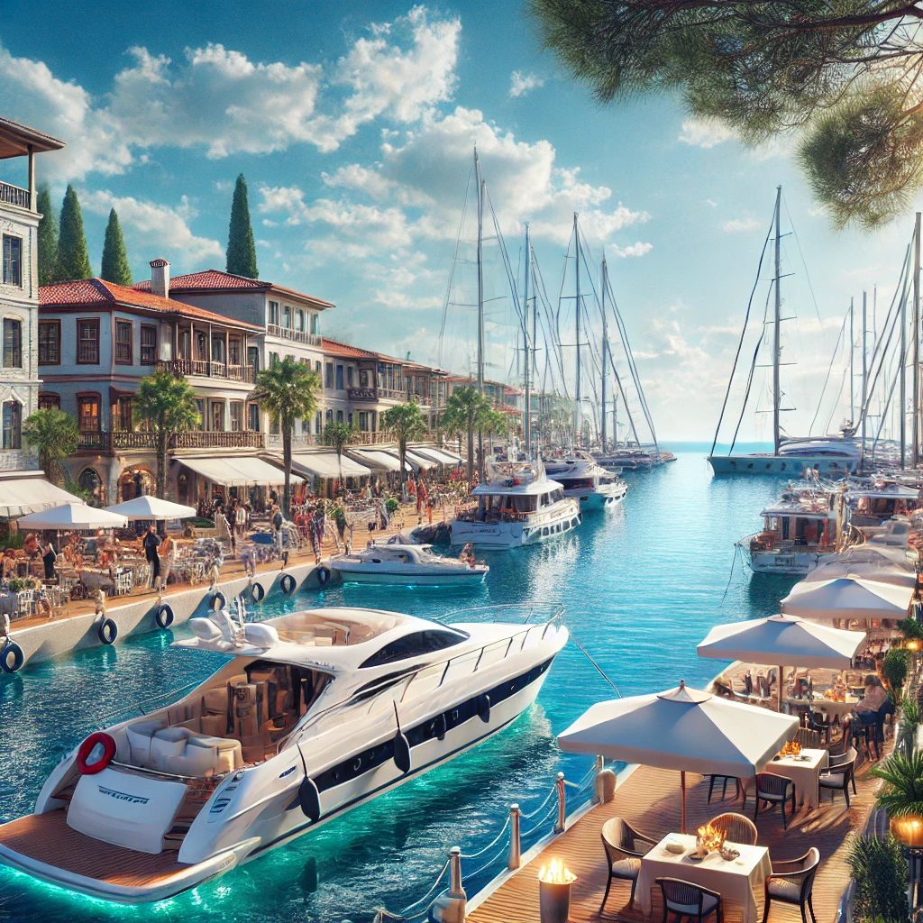 Realistic view of Çeşme Marina on the Aegean coast, featuring luxury yachts, waterfront cafés, and a mix of traditional and modern architecture on a sunny day.