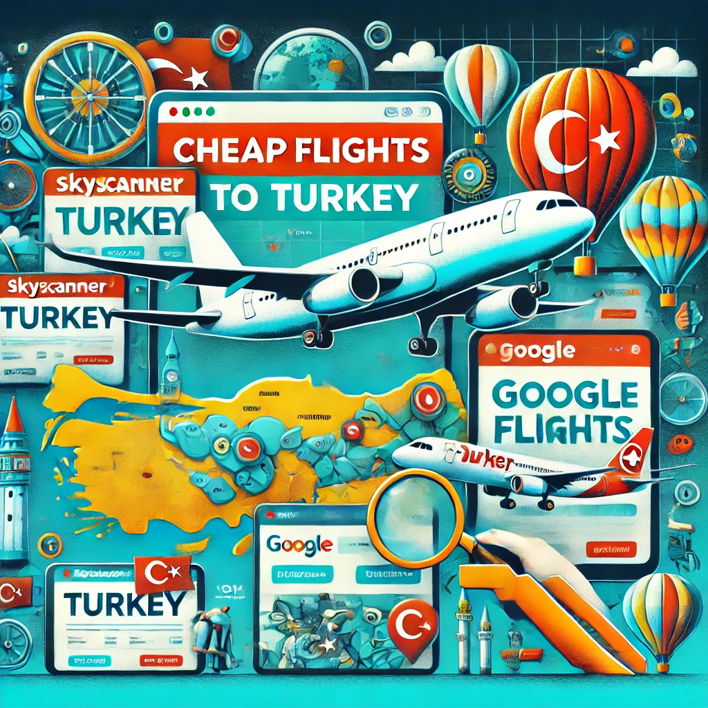 Collage illustrating finding cheap flights to Turkey with flight search engines like Skyscanner, Google Flights, and Kayak, with maps and planes.