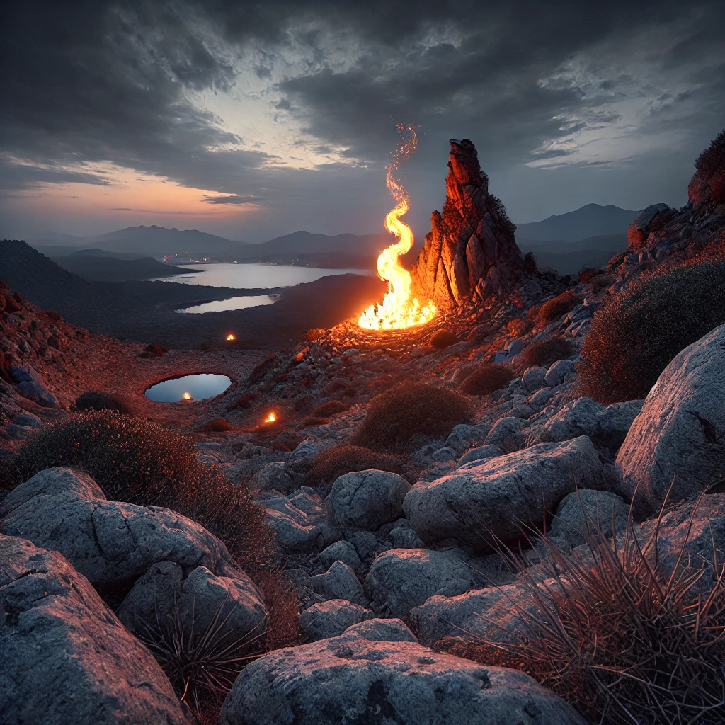 Eternal flames at Chimera, Çıralı, Turkey, emerging from rocky ground at dusk, surrounded by rugged terrain.