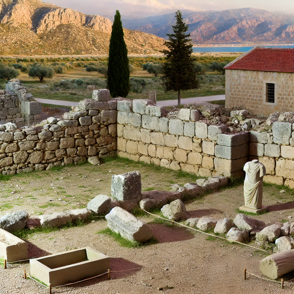 Ruins of Choma Ancient City in Antalya, Türkiye, with remnants of a Byzantine church and Lycian-type sarcophagi against the Taurus Mountains backdrop.