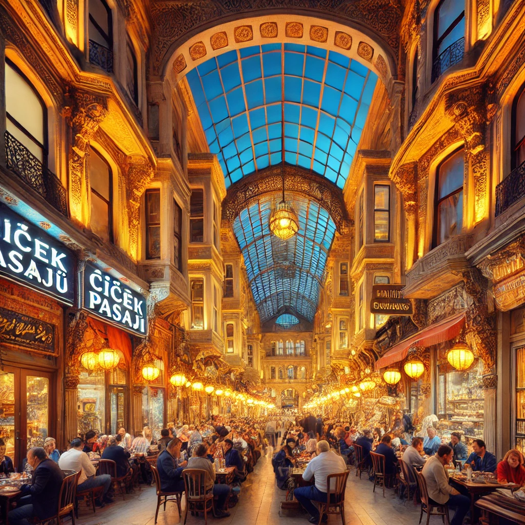 Evening view of Çiçek Pasajı in Istanbul with illuminated meyhanes and historic architecture.