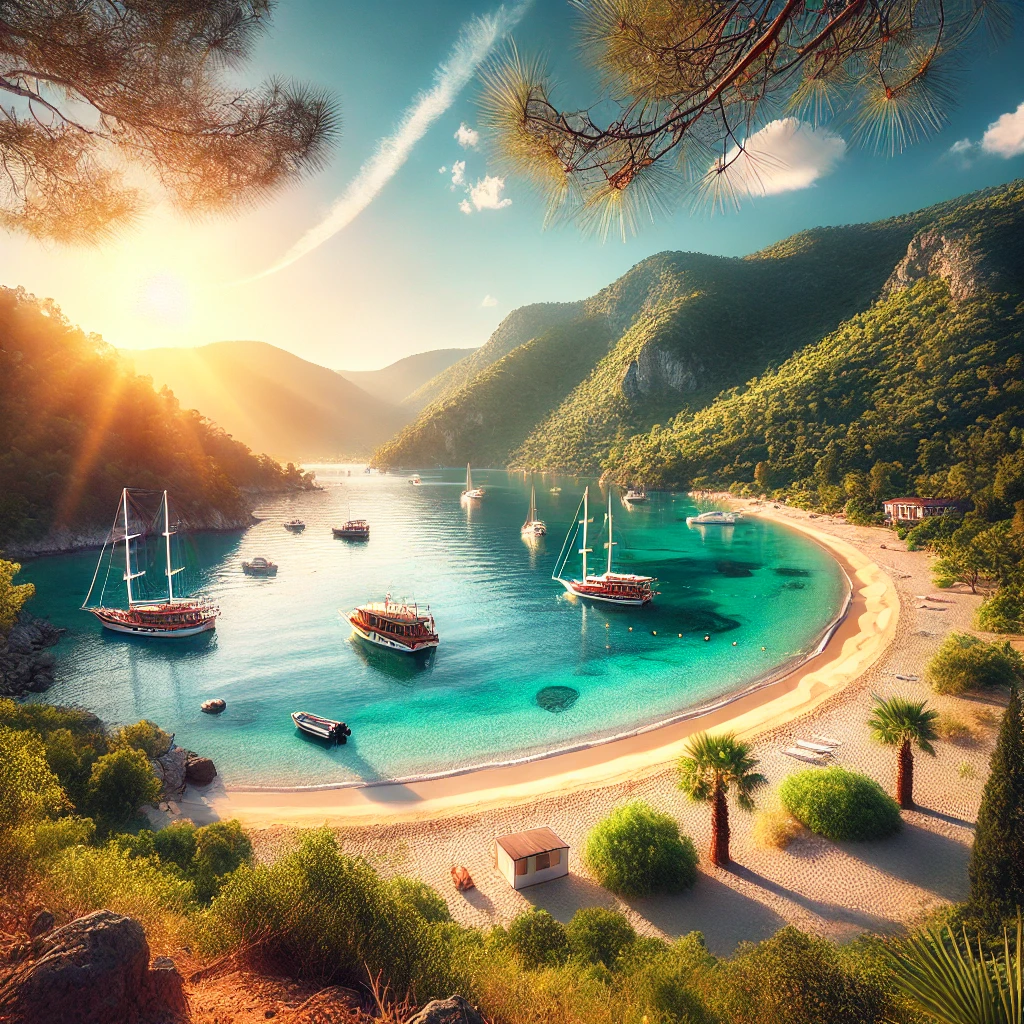 A serene view of Çiftlik, Marmaris with a pristine beach, golden sands, and turquoise waters surrounded by green hills.