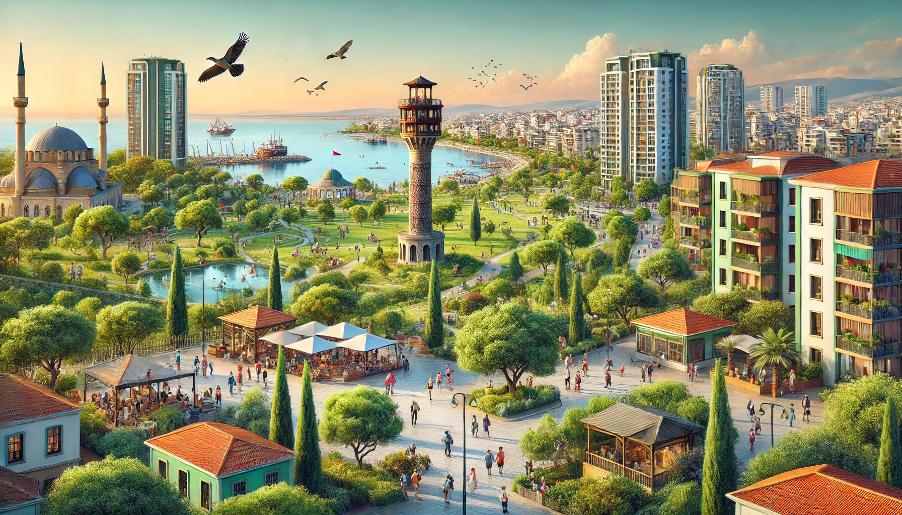 Vibrant district in Çiğli, Izmir, Turkey featuring historical landmarks, lush green parks, modern residential buildings, scenic views of İzmir Bird Paradise and İzmir Wildlife Park, and people enjoying outdoor activities.