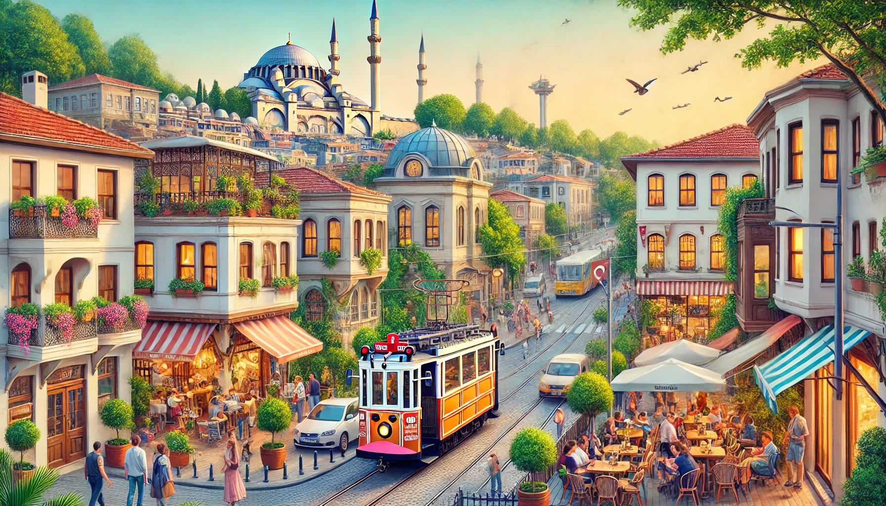 Picturesque neighborhood in Cihangir, Beyoğlu, Istanbul, Turkey featuring the historic Cihangir Mosque, scenic streets with cafes and boutiques, the nostalgic tram, and people enjoying the parks and street art.