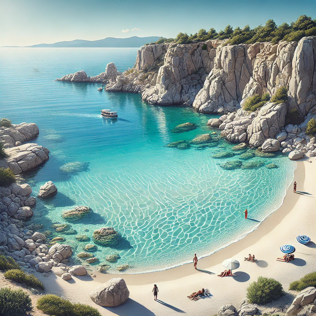 Realistic view of Cleopatra Bay in Çeşme, featuring a fine sandy beach, crystal-clear turquoise waters, and rocky surroundings under a bright sunny sky.