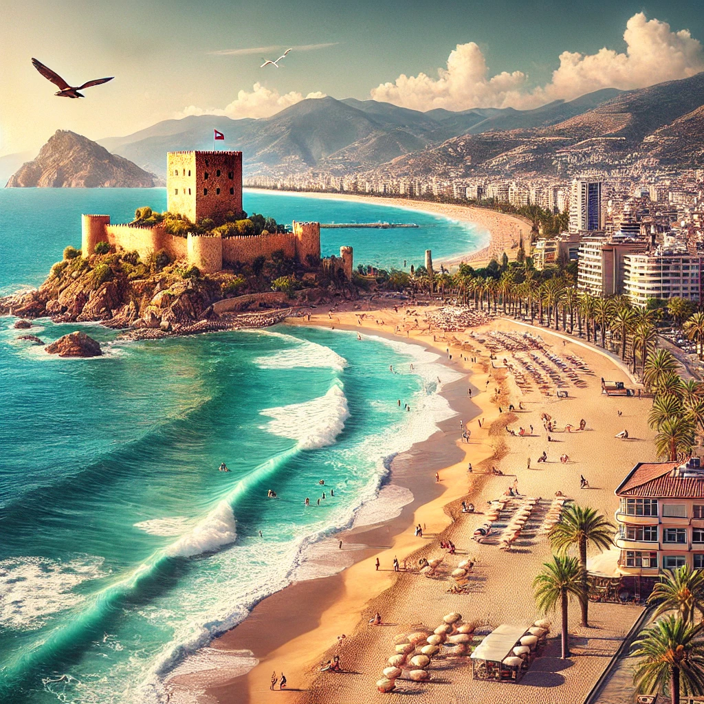 Scenic view of Cleopatra Beach in Alanya, Turkey, with golden sands, turquoise waters, and Alanya Castle overlooking the beach.