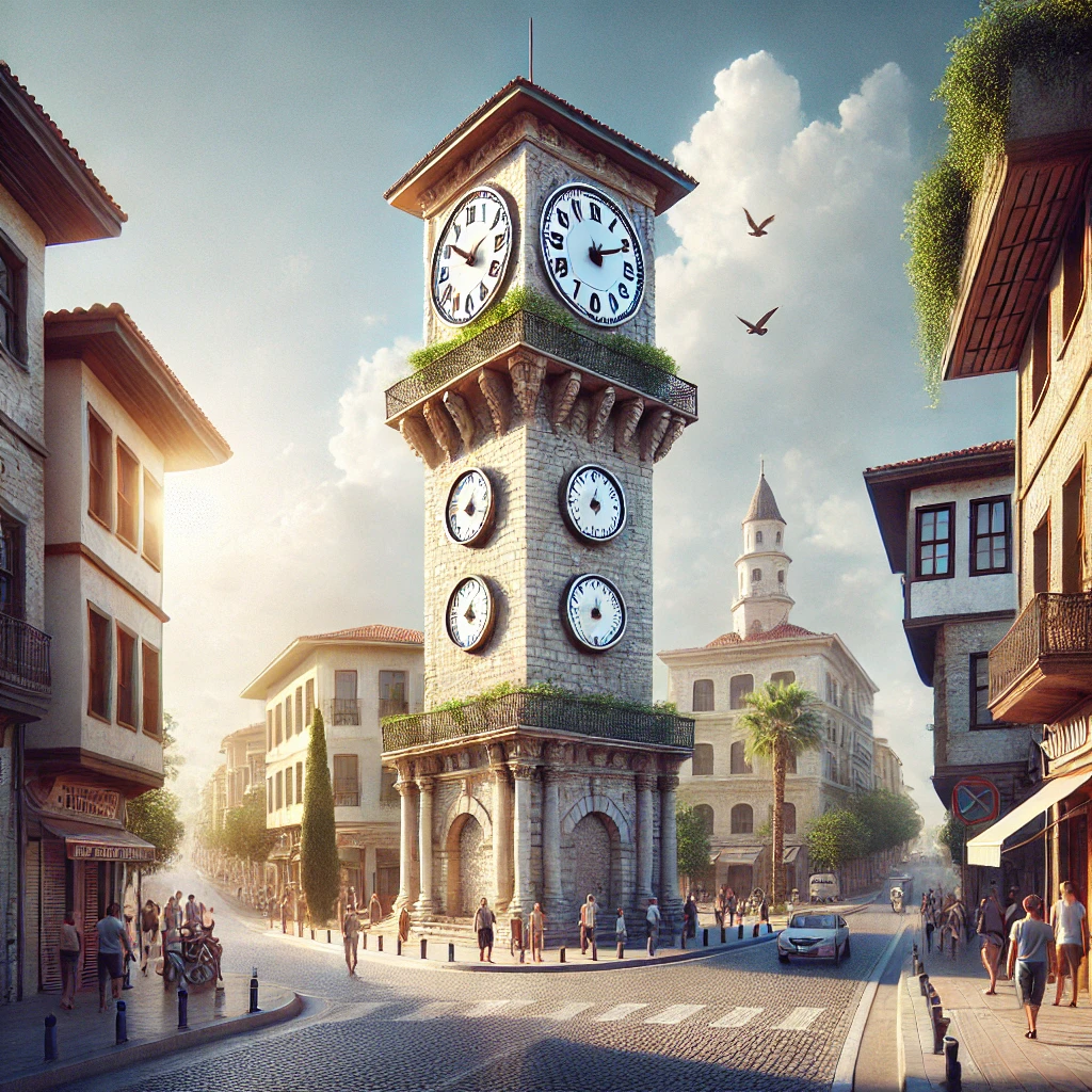 Realistic view of the Clock Tower in Antalya, featuring the square-plan tower with four clocks on each side, surrounded by historical buildings and greenery on a sunny day.