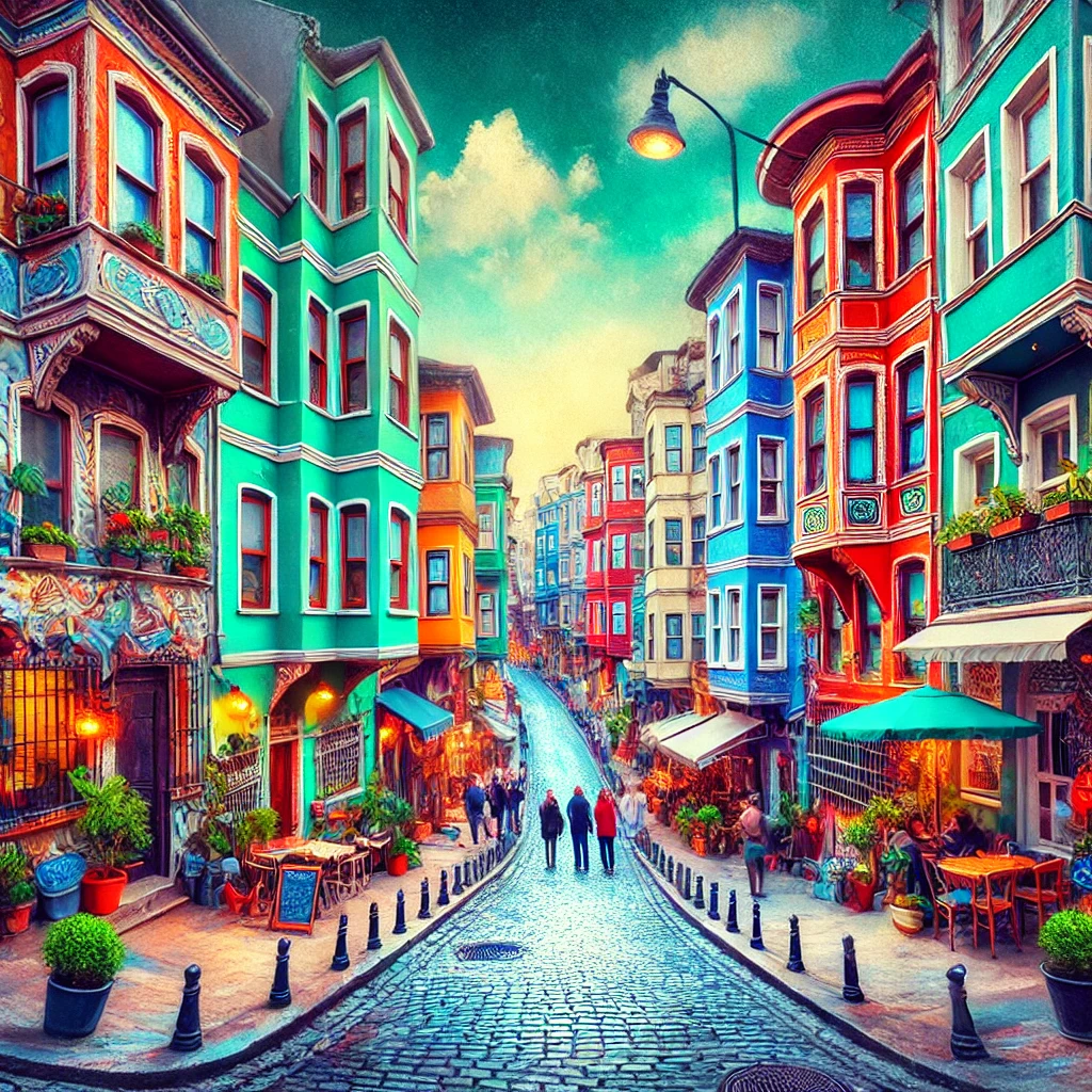 A vibrant scene of colorful historic houses on cobbled streets in Balat, Istanbul