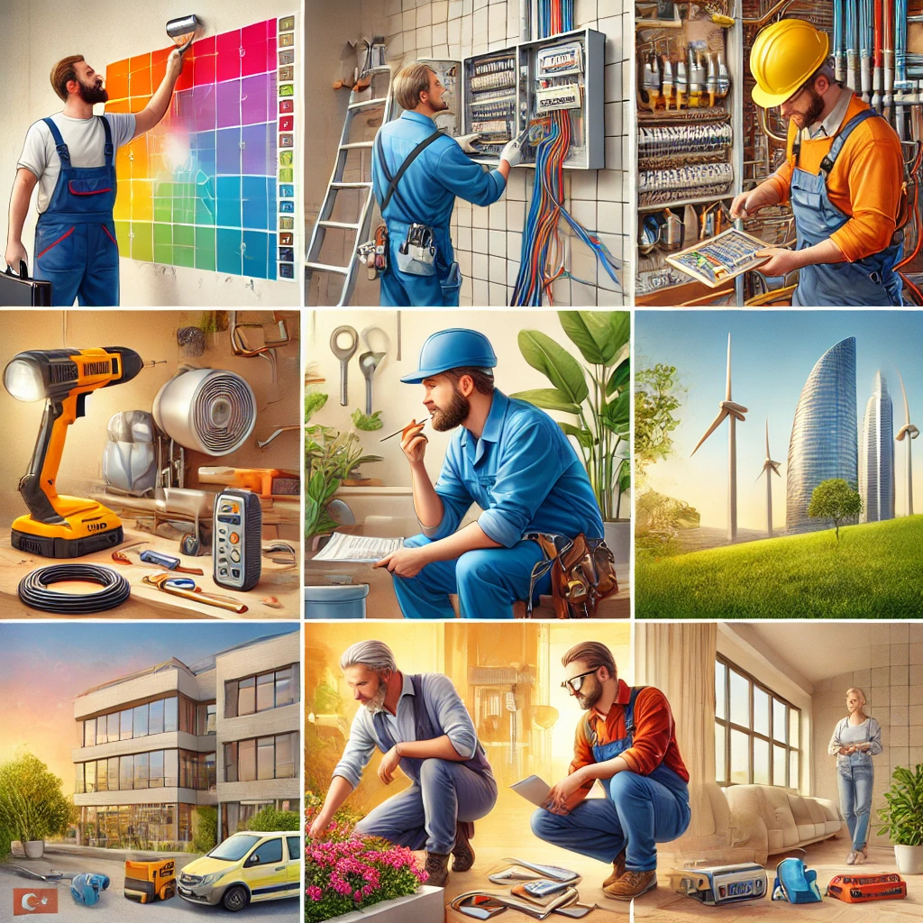 Collage depicting various professional services in Türkiye including painting, plumbing, electrical work, carpentry, and landscaping.