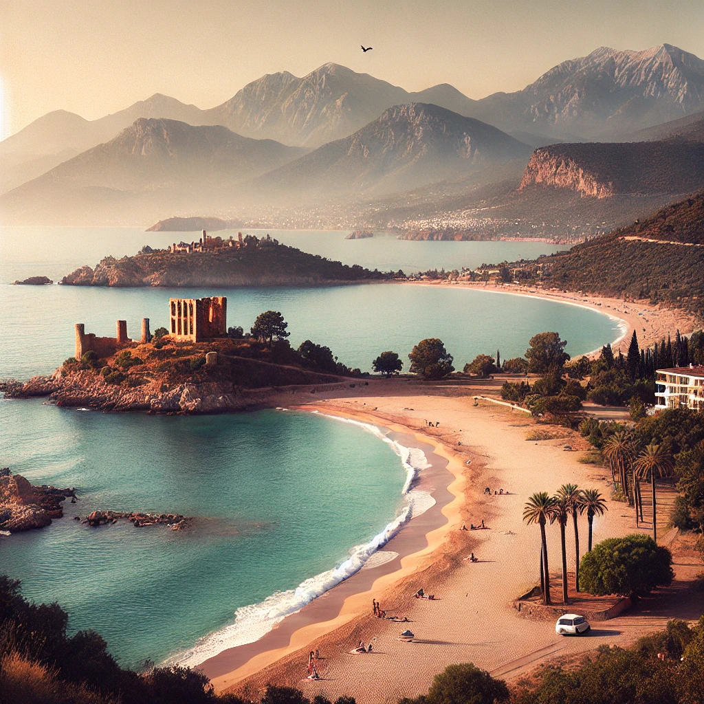 Serene coastal view of Demirtaş, Alanya, with unspoiled beaches, Mediterranean waters, and Taurus Mountains.