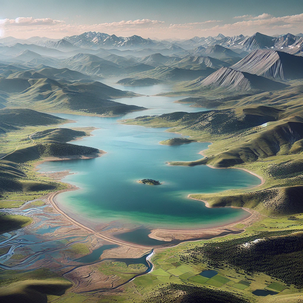 Tranquil view of Dipsiz Göl in Gümüşhane, Turkey, with calm lake waters surrounded by the rugged landscape of the Taşköprü Plateau.