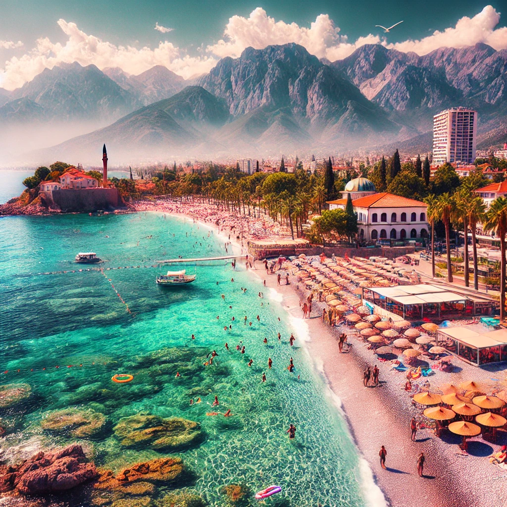 A vibrant day at Konyaaltı Beach in Antalya, Turkey, with tourists enjoying the clear turquoise waters and the backdrop of the Taurus Mountains.