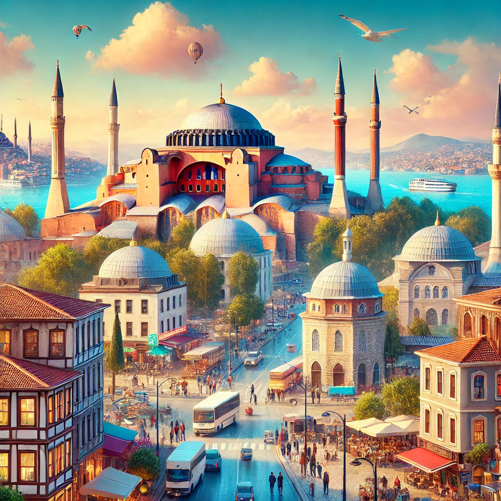 Vibrant view of Istanbul's European side featuring Hagia Sophia, Blue Mosque, Galata Tower, and the Bosphorus.