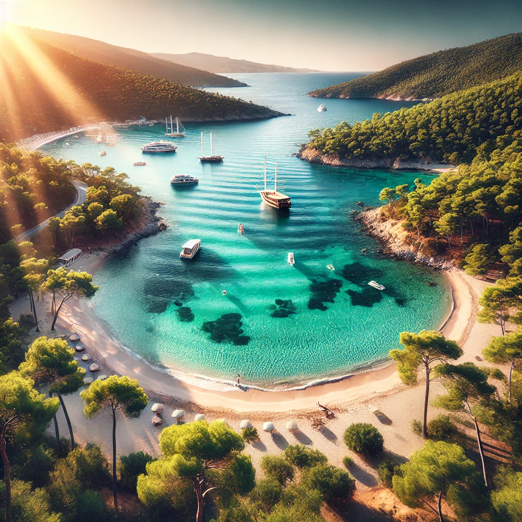 Aerial view of a beautiful bay in Bodrum, Turkey, with turquoise waters, sandy beach, and lush green forests.