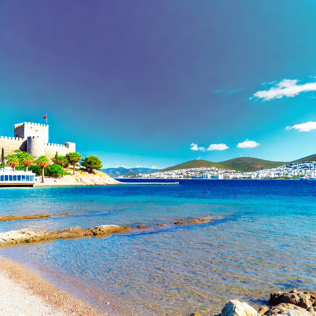 Coastal view of Bodrum, Turkey with Bodrum Castle overlooking the Aegean Sea and a scenic beach.