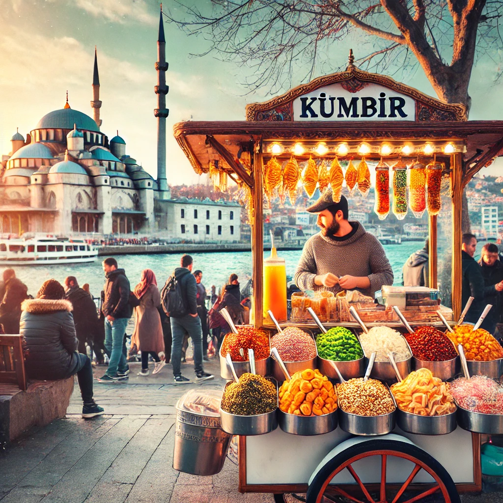 A vibrant street scene in Ortaköy, Istanbul, featuring a kumpir vendor and people enjoying their food by the Bosphorus, with Ortaköy Mosque in the background.