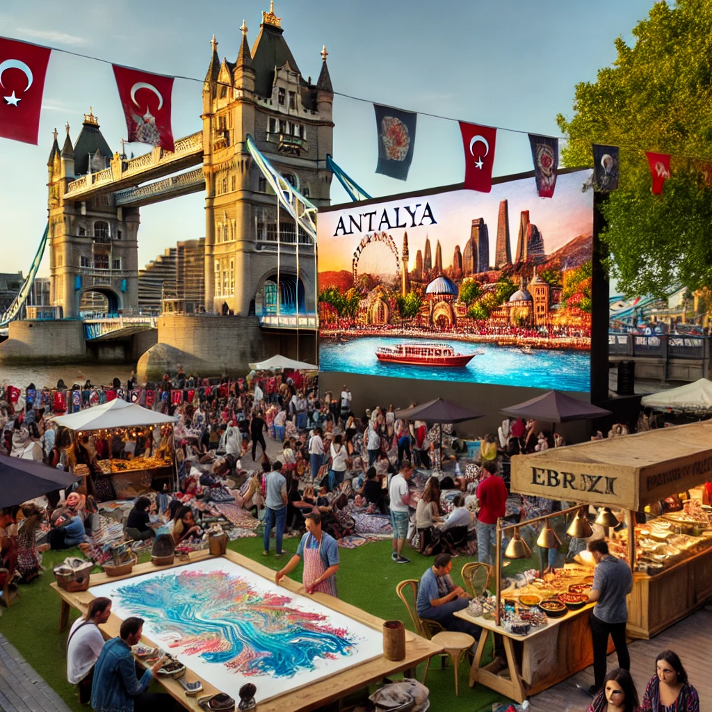 Outdoor event near Tower Bridge, London, showcasing a film about Antalya, Türkiye, with attendees enjoying Turkish cuisine and Ebru art.