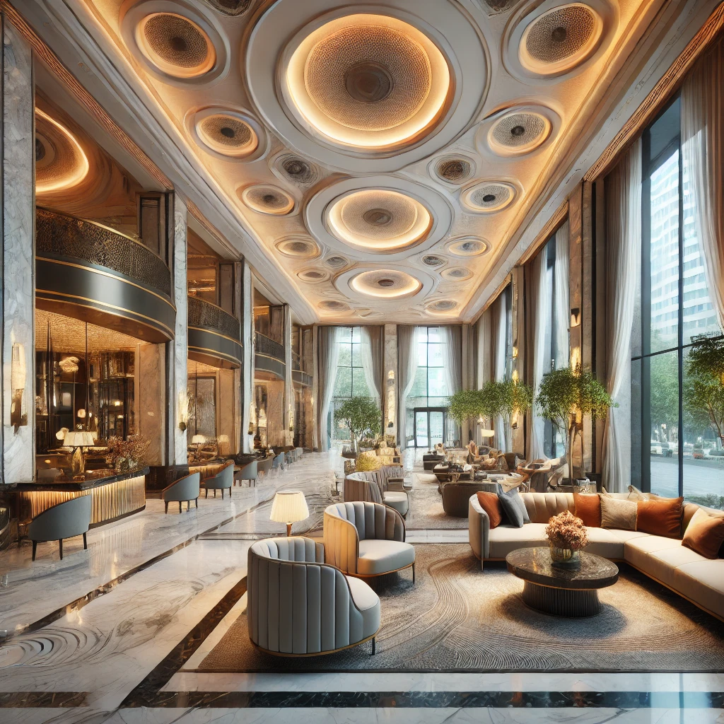 Luxurious lobby interior of Divan Istanbul Hotel near Taksim Square with elegant decor and plush seating.