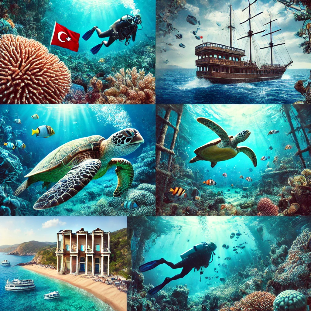 Collage of top diving destinations in Turkey featuring underwater scenes of coral reefs, shipwrecks in Bodrum, clear waters in Kaş, and serene beaches of Fethiye and Marmaris.