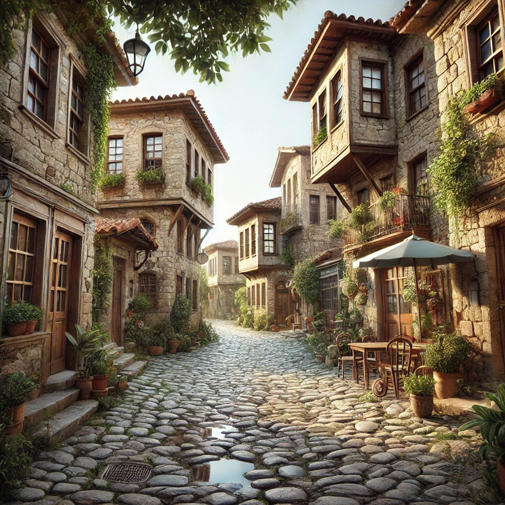 Cobblestone street in Doğanbey, İzmir, with traditional stone houses reflecting Turkish and Greek architecture.