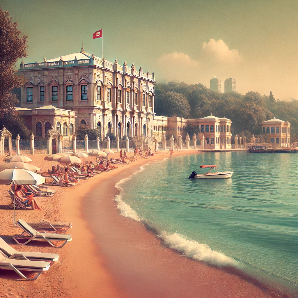 Serene view of Dolmabahçe Beach in Istanbul's Beşiktaş district, with Dolmabahçe Palace in the background along the Bosphorus.