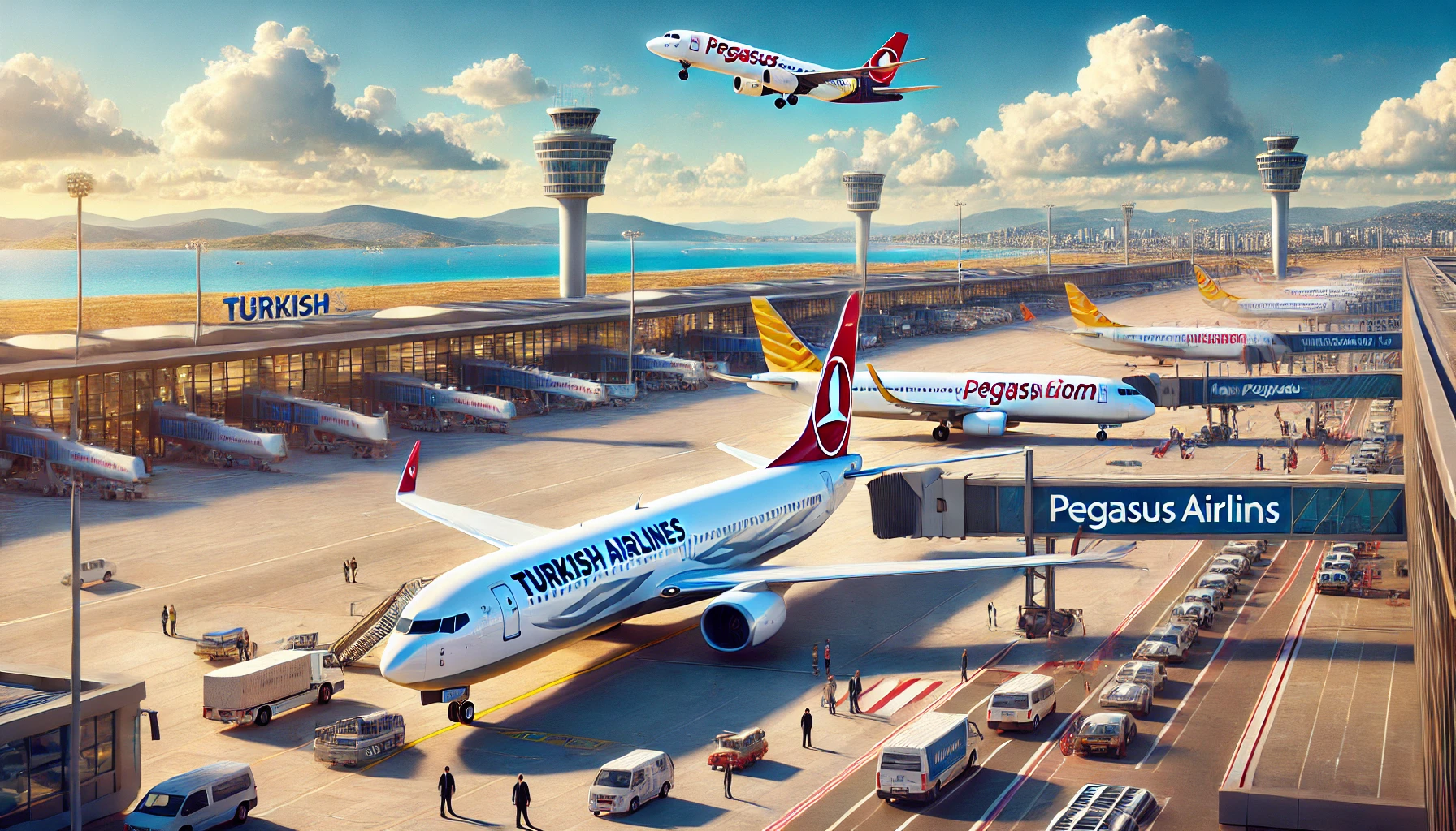 Turkish Airlines and Pegasus Airlines planes at an airport in Turkey with passengers boarding.