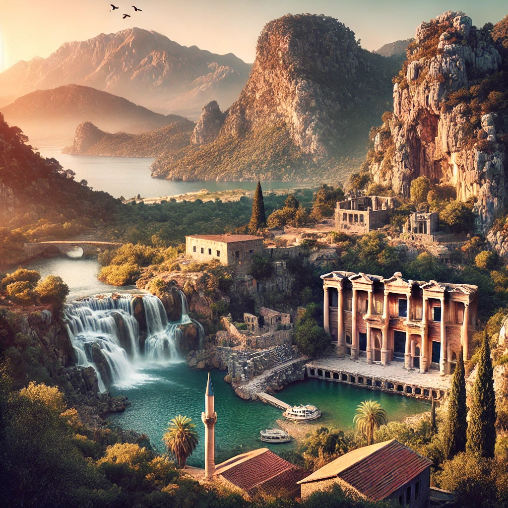 Picturesque landscape near Döşemealtı, Antalya, featuring the ancient ruins of Termessos and Düden Waterfalls.