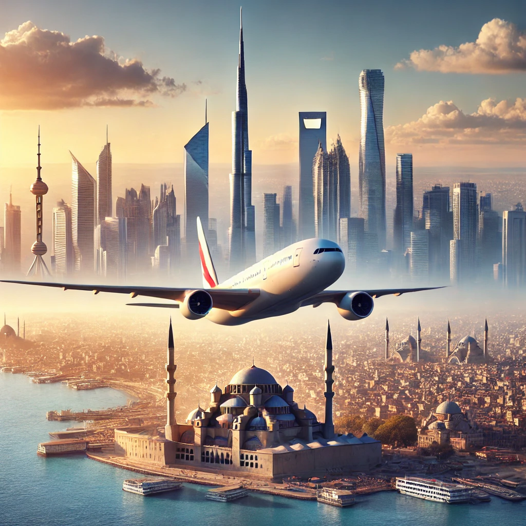 Airplane flying from Dubai to Istanbul with the Burj Khalifa and Hagia Sophia in the background.