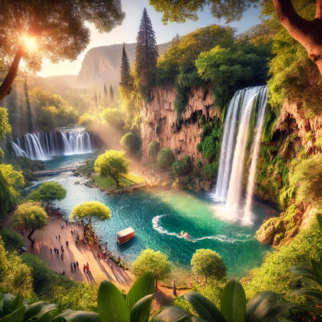 Scenic view of Düden Waterfalls in Antalya, Turkey, with Upper Düden surrounded by lush greenery and Lower Düden plunging into the Mediterranean Sea.