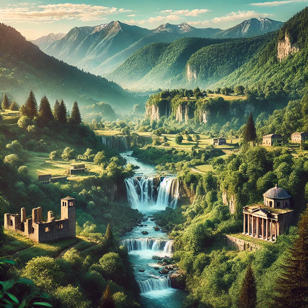 A picturesque view of Düzce, Turkey, featuring lush green landscapes, historical ruins of Prusias ad Hypium, and the serene Samandere Waterfall surrounded by dense forests.