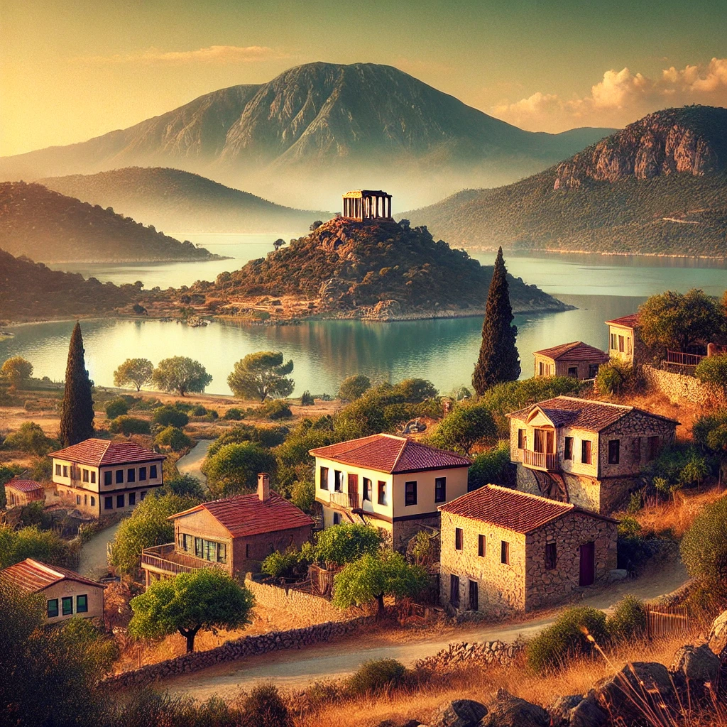 Scenic view of Edremit, Balıkesir, Turkey with Aegean Sea coastline, Kaz Dağı in the background, and traditional stone houses.