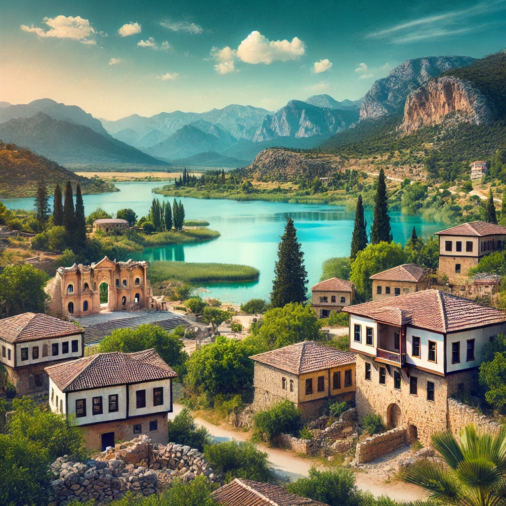 Scenic view of Elmalı, Antalya, featuring traditional Elmalı Houses, ancient ruins of Choma, and Avlan Lake surrounded by lush greenery and mountains.