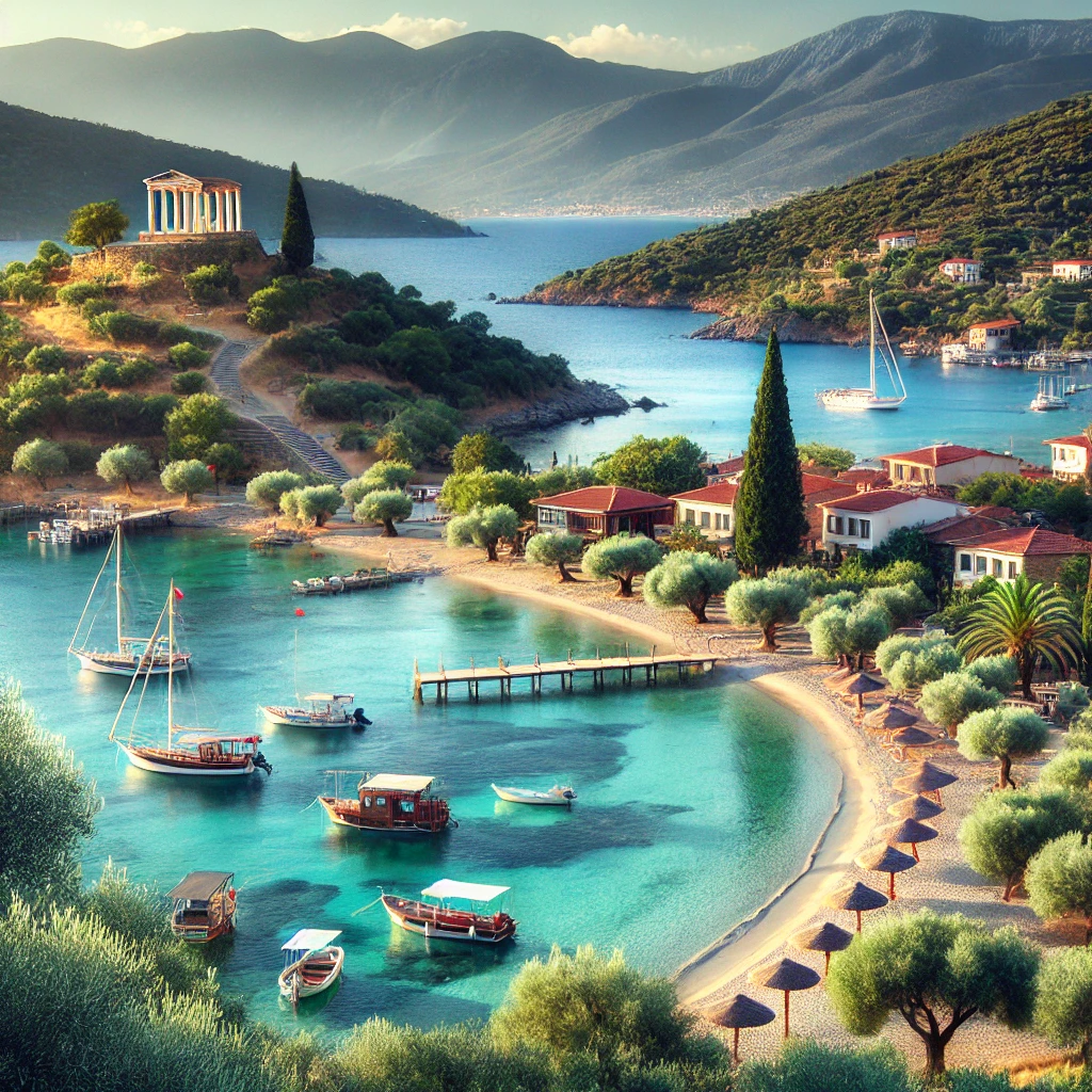 A scenic view of Erdek, Balıkesir, Turkey, featuring a serene beach, clear blue waters, historic ruins, olive groves, and small boats anchored near the shore.