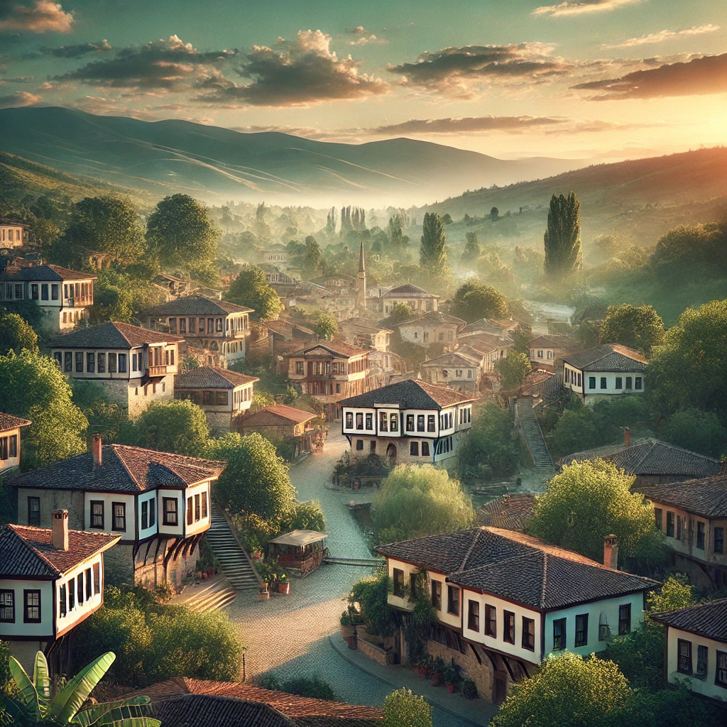 A peaceful historic town in Türkiye with Ottoman-era houses and cobblestone streets surrounded by lush green hills.