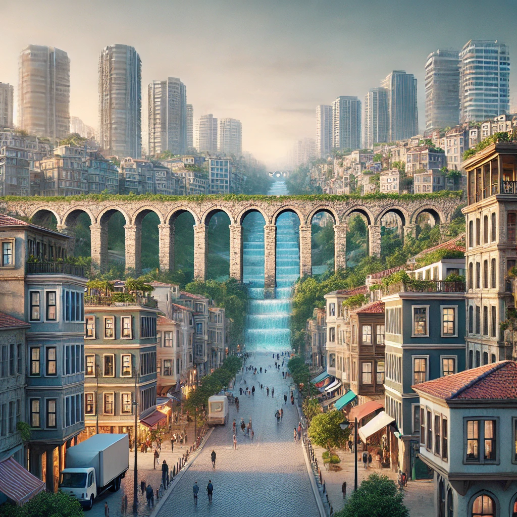 Esenler, Istanbul featuring an ancient aqueduct and modern residential buildings.